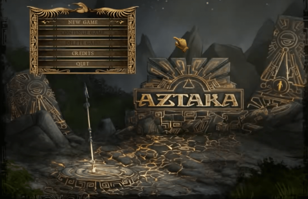 Aztaka hovedmenu med gyldent logo, aztekisk-inspirerede stensymboler og mørkt bjerglandskab i baggrunden.