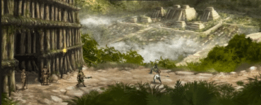 Gameplay fra Aztaka med Huitzilo i en junglelandsby, fjender på skærmen og aztekiske templer i baggrunden.