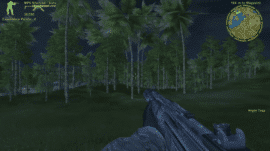 Screenshot fra Delta Force: Xtreme 2, hvor spilleren bevæger sig gennem en mørk jungle med MP5 Silenced og minimap i hjørnet.
