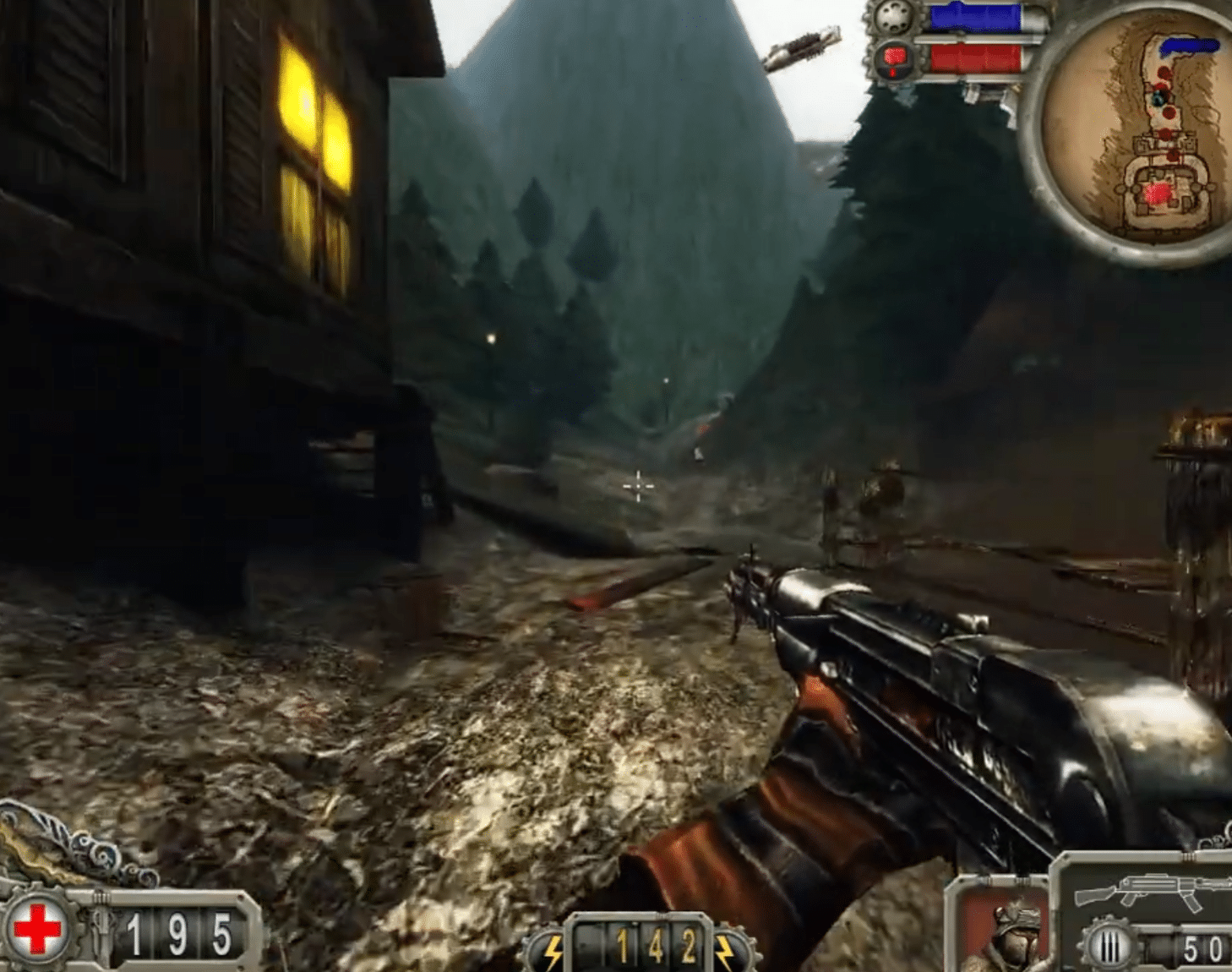 Iron Grip: Warlord -pelikuvaa, FPS-taistelua pimeässä vuoristokaupungissa, jossa pelaaja puolustaa aluetta tuliaseilla ja taktisella otteella.