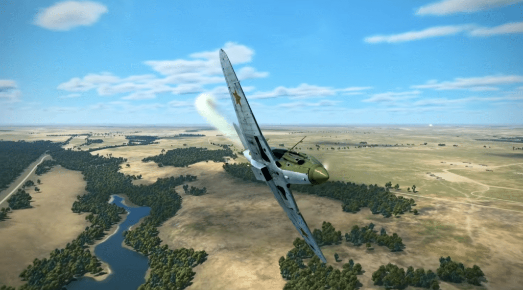 IL-2 Sturmovik viser et sovjetisk kampfly i skarp drejning over åbent landskab med skove, søer og himmel i baggrunden.