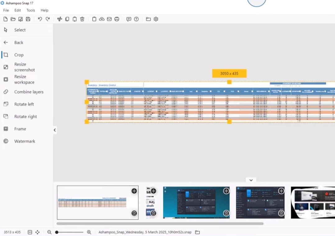 Redigering av langt skjermbilde i Ashampoo Snap med beskjæring, skalering og lagfunksjoner i det innebygde bilderedigeringsverktøyet