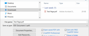 Brugerflade i CutePDF Writer, hvor en PDF gemmes via udskrivningsdialogen med valgmuligheder som adgangskodebeskyttelse og visning i PDF-læser.