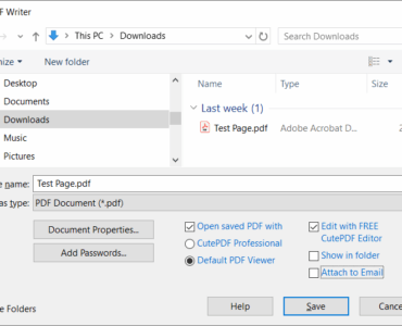 Brugerflade i CutePDF Writer, hvor en PDF gemmes via udskrivningsdialogen med valgmuligheder som adgangskodebeskyttelse og visning i PDF-læser.