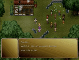 Screenshot fra Millennium 4 - Beyond Sunset, hvor Marine og hendes gruppe står samlet foran et hus i et grønt område under en dialogscene.