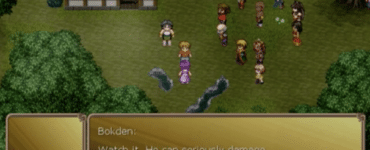Screenshot fra Millennium 4 - Beyond Sunset, hvor Marine og hendes gruppe står samlet foran et hus i et grønt område under en dialogscene.