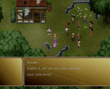 Screenshot fra Millennium 4 - Beyond Sunset, hvor Marine og hendes gruppe står samlet foran et hus i et grønt område under en dialogscene.