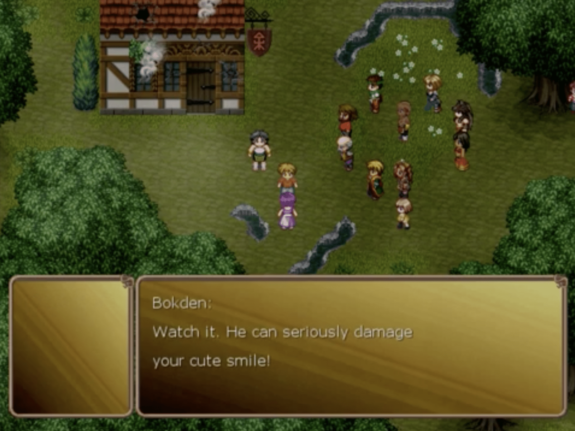 Screenshot from Millennium 4 - Beyond Sunset, where Marine and her party stand together in front of a house in a green area during a dialogue scene.