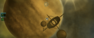 Gameplay fra Space Pirates and Zombies, hvor et lille rumskib flyver forbi en stor planet og en rumstation i det ydre rum.