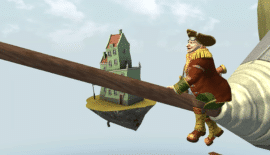 Screenshot fra Cargo! The Quest for Gravity, hvor en farverig figur balancerer på en træbjælke foran en flyvende ø med et grønt hus.