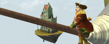 Screenshot fra Cargo! The Quest for Gravity, hvor en farverig figur balancerer på en træbjælke foran en flyvende ø med et grønt hus.