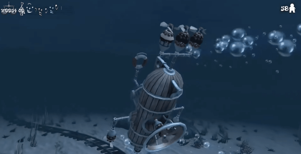 Screenshot from Cargo! The Quest for Gravity, where a homemade submersible moves through dark blue water with bubbles and the seafloor in the background.