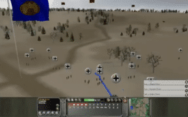 Screenshot fra Panzer Command: Ostfront, hvor tyske enheder bevæger sig gennem et åbent vinterlandskab på Østfronten.