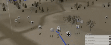 Screenshot fra Panzer Command: Ostfront, hvor tyske enheder bevæger sig gennem et åbent vinterlandskab på Østfronten.