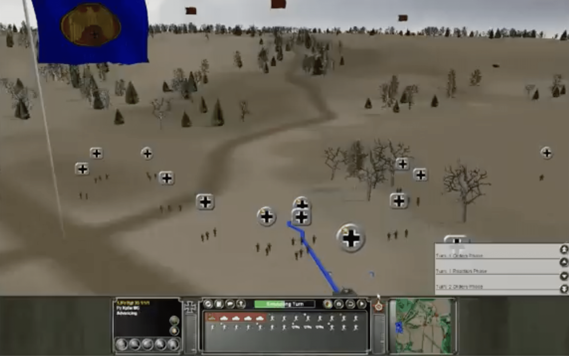 Kuvakaappaus pelistä Panzer Command: Ostfront, jossa saksalaiset yksiköt liikkuvat avoimen talvimaiseman halki Itärintamalla.