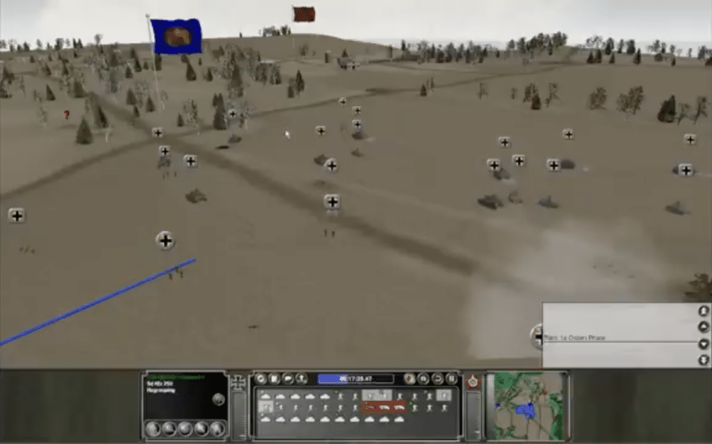 Eastern Front screenshot with tanks, infantry, and tactical markers on an open World War II battlefield.