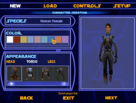 Karakteroprettelse i Star Wars Jedi Knight: Jedi Academy, hvor spilleren vælger art, farve og udseende til sin Jedi-lærling.