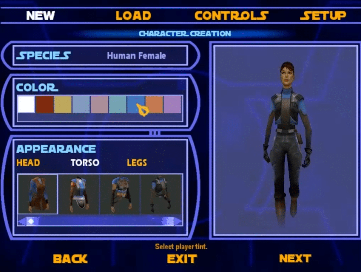 Character creation in Star Wars Jedi Knight: Jedi Academy, where the player chooses species, color, and appearance for their Jedi apprentice.