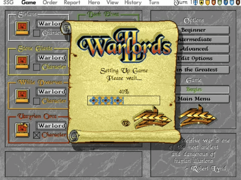 Warlords 2 viser oppsett av nytt spill med valg av raser, vanskelighetsgrad og startinnstillinger i den klassiske fantasy-menyen.