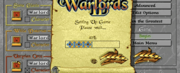 Warlords 2 viser opsætning af nyt spil med valg af racer, sværhedsgrad og startindstillinger i den klassiske fantasy-menu.