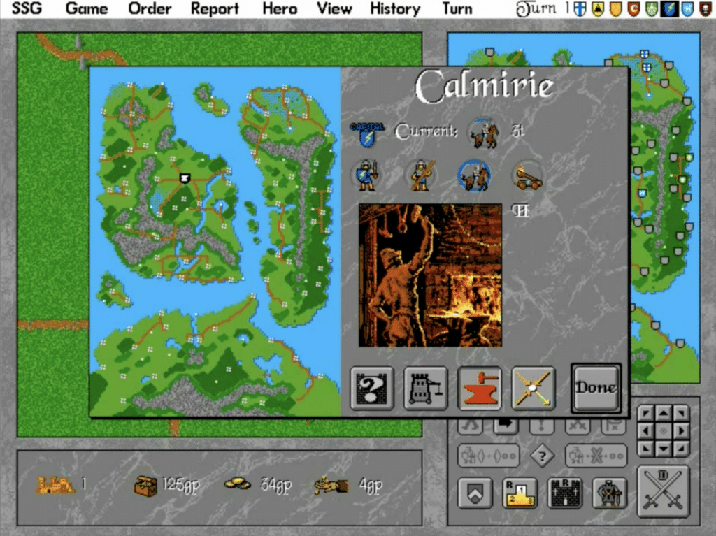 Warlords 2 viser verdenskart, byoversikt og enhetsstyring i et klassisk turbasert fantasy-strategispill.