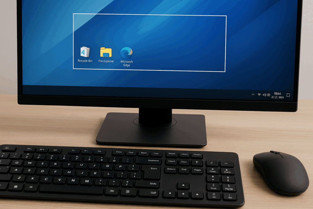 Screenshot Windows – skrivebord med åben Windows-skærm og tydeligt markeret udsnit til skærmbillede, tastatur og mus på træbord.