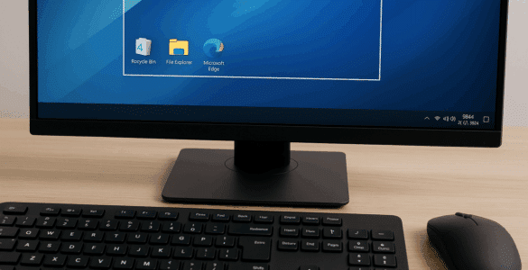 Screenshot Windows – skrivebord med åben Windows-skærm og tydeligt markeret udsnit til skærmbillede, tastatur og mus på træbord.
