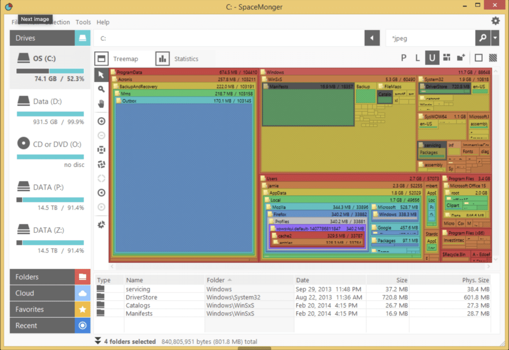 SpaceMonger displays a colorful treemap of the C: drive where large folders like Windows, Program Files, and Users take up the most space, making disk usage easy to analyze.