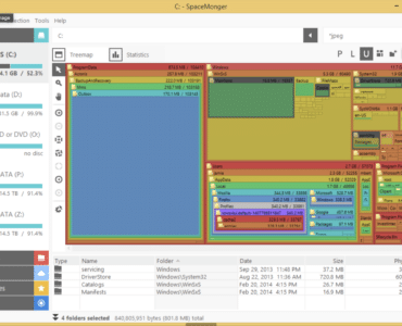 SpaceMonger viser en farverig treemap over C-drevet, hvor store mapper som Windows, Program Files og Users fylder mest og gør diskpladsen nem at analysere.