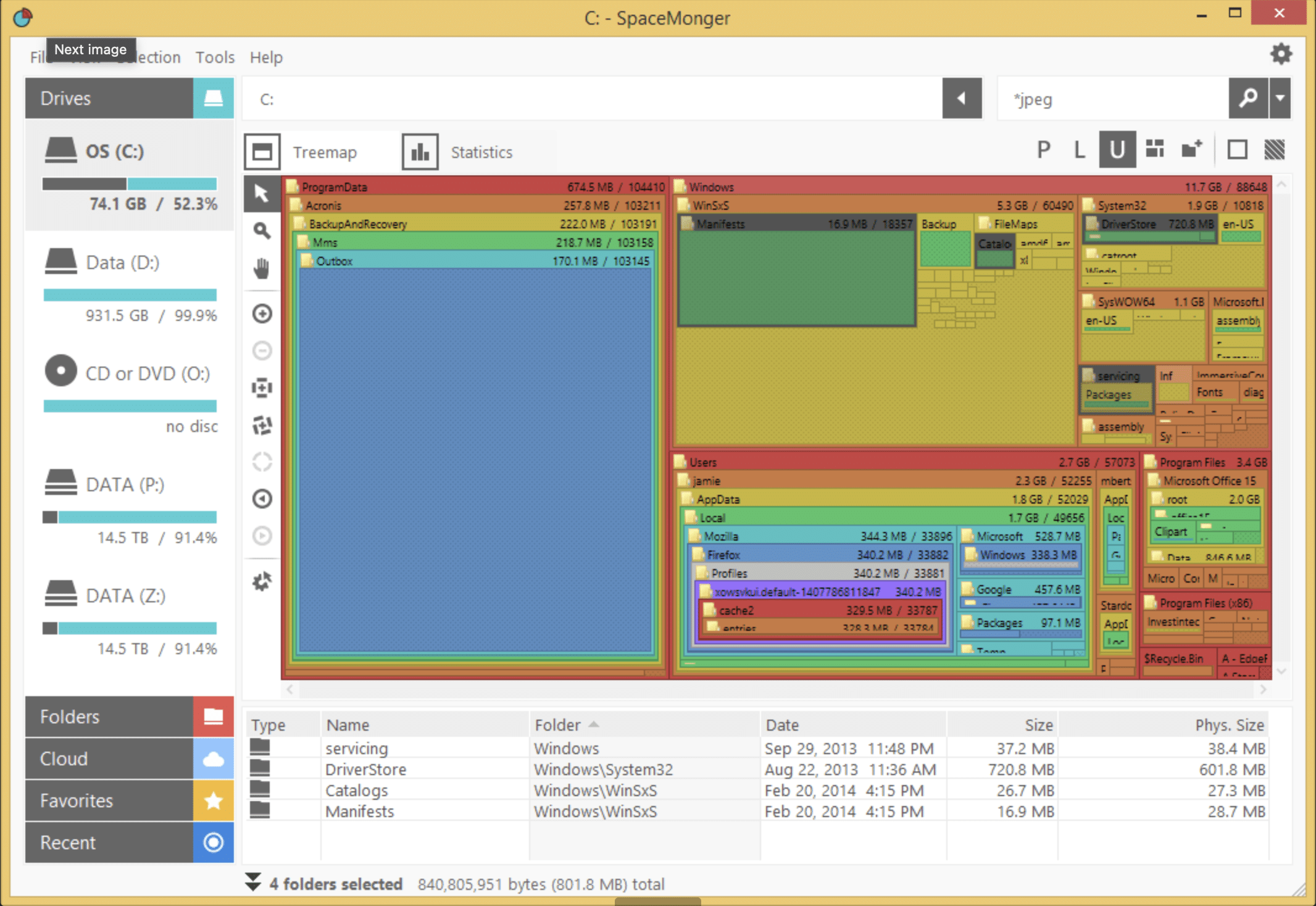 SpaceMonger zeigt eine farbige Treemap des C-Laufwerks, in der große Ordner wie Windows, Program Files und Users den meisten Platz belegen und die Speicheranalyse erleichtern.