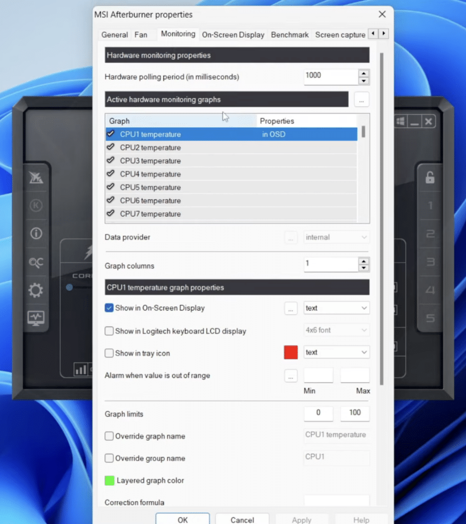 MSI Afterburner på Windows 11 med åbne overvågningsindstillinger, hvor CPU-temperaturer er valgt til visning i on-screen display.