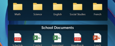 Fences organiserer skrivebordet i to mørke paneler med mapper til lektier og skolefiler, herunder Math, Science, English, Schedule og Handbook.