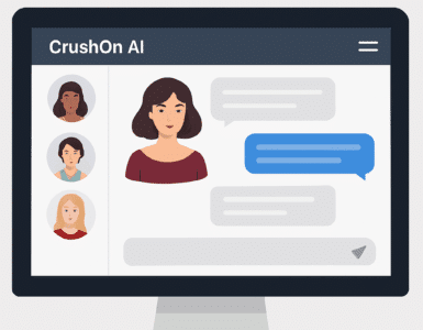 Illustration af en computerskærm med CrushOn AI åbent. Skærmen viser en chat mellem en bruger og en AI-karakter, med venstresidepanel med avatarer og midterområde med beskedbobler i grå og blå farver. Designet er moderne og minimalistisk.