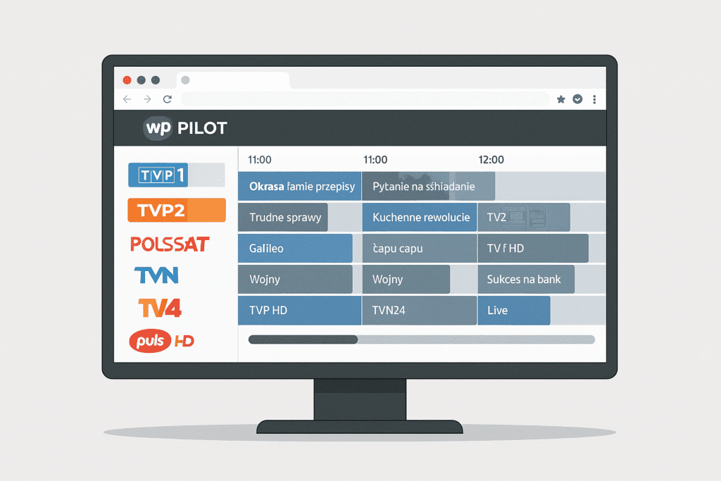 Illustration af en computerskærm, der viser WP Pilots elektroniske programguide. Venstre side viser en liste over polske tv-kanaler som TVP1, TVP2, Polsat, TVN og TV4, mens højre side viser et skema med igangværende og kommende tv-programmer i farvede bjælker. Designet er moderne og overskueligt.