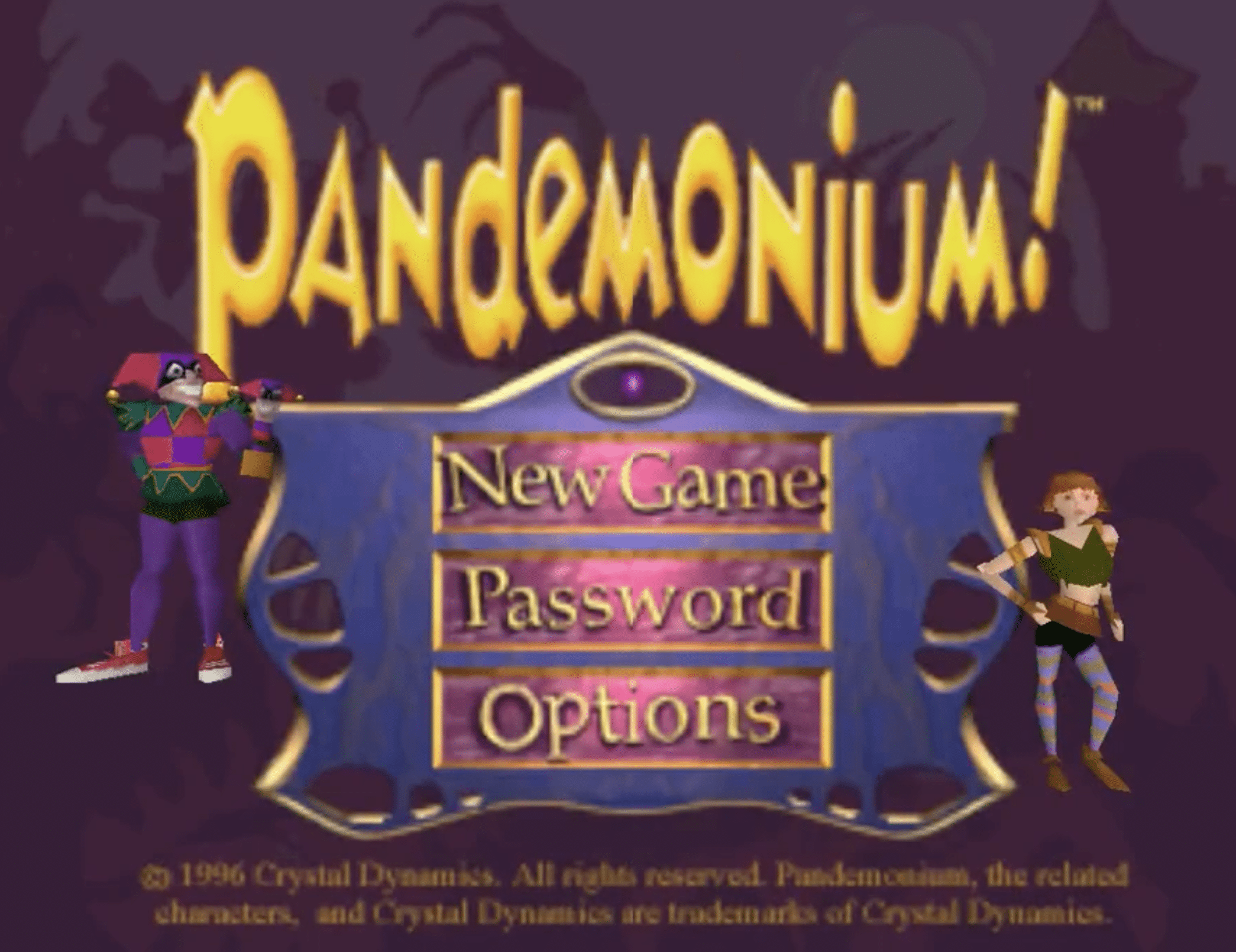 Pandemonium!:n aloitusvalikko, jossa kaksi päähenkilöä Nikki ja Fargus seisovat pelin logon molemmin puolin sekä valikkokohdat New Game, Password ja Options.