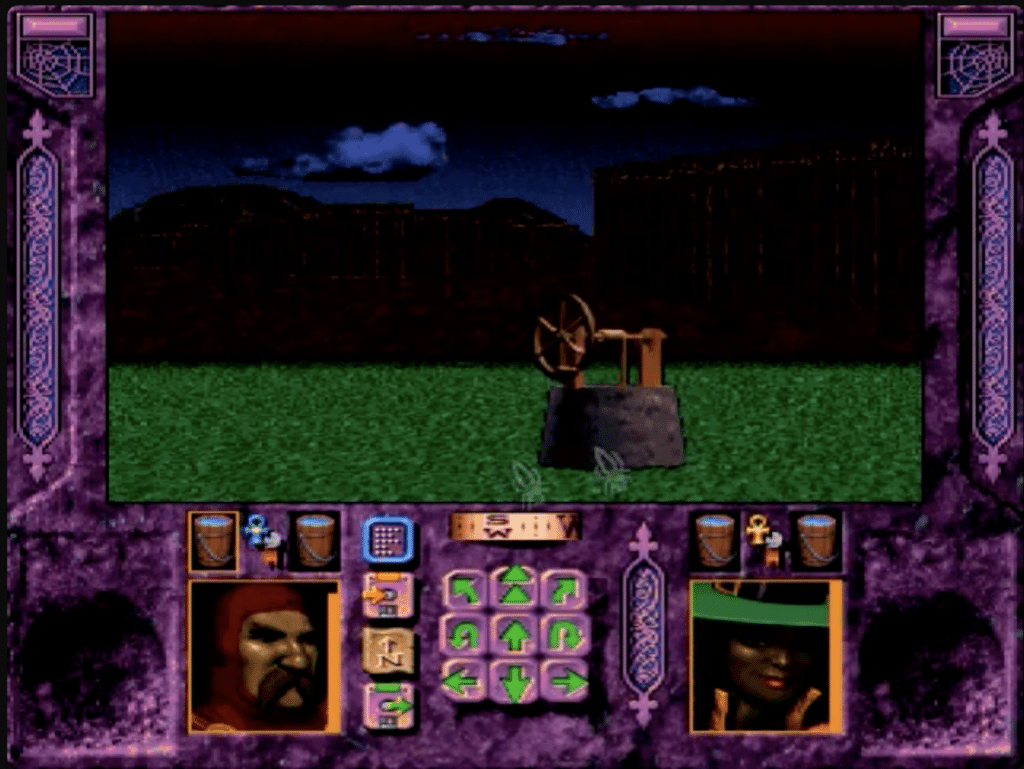Screenshot from Menzoberranzan, where the player’s two heroes stand in a dark outdoor area with a well in the center and the classic purple fantasy UI around the game window.