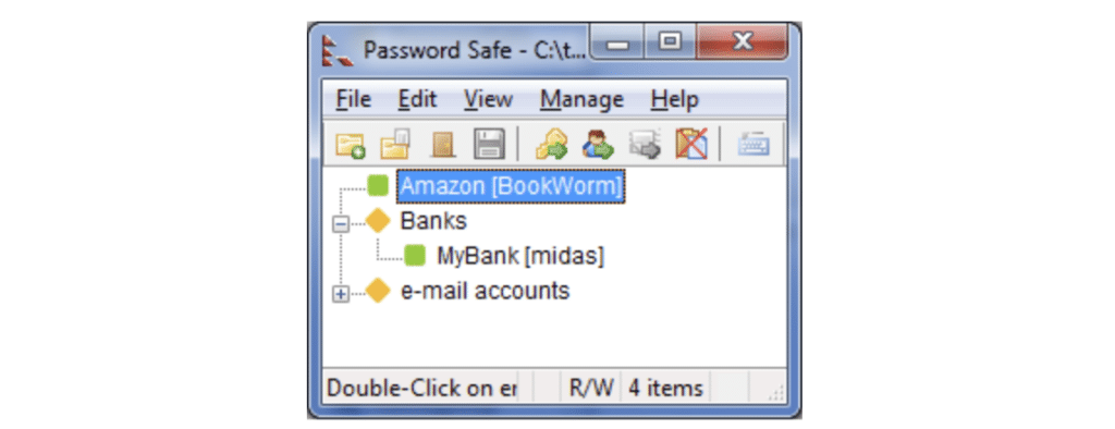 Skærmbillede af Password Safe på Windows, hvor programmet viser en liste over gemte loginoplysninger organiseret i grupper som bank og e-mail-konti.