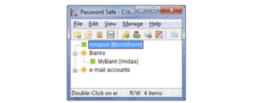 Skærmbillede af Password Safe på Windows, hvor programmet viser en liste over gemte loginoplysninger organiseret i grupper som bank og e-mail-konti.