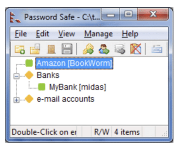 Skærmbillede af Password Safe på Windows, hvor programmet viser en liste over gemte loginoplysninger organiseret i grupper som bank og e-mail-konti.