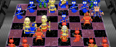 Skærmbillede fra Battle Chess 4000 med et farverigt 3D-skakbræt, hvor brikkerne er animerede figurer i blå og rød – spillet viser en igangværende kamp mellem “Computer” mod “Computer”.