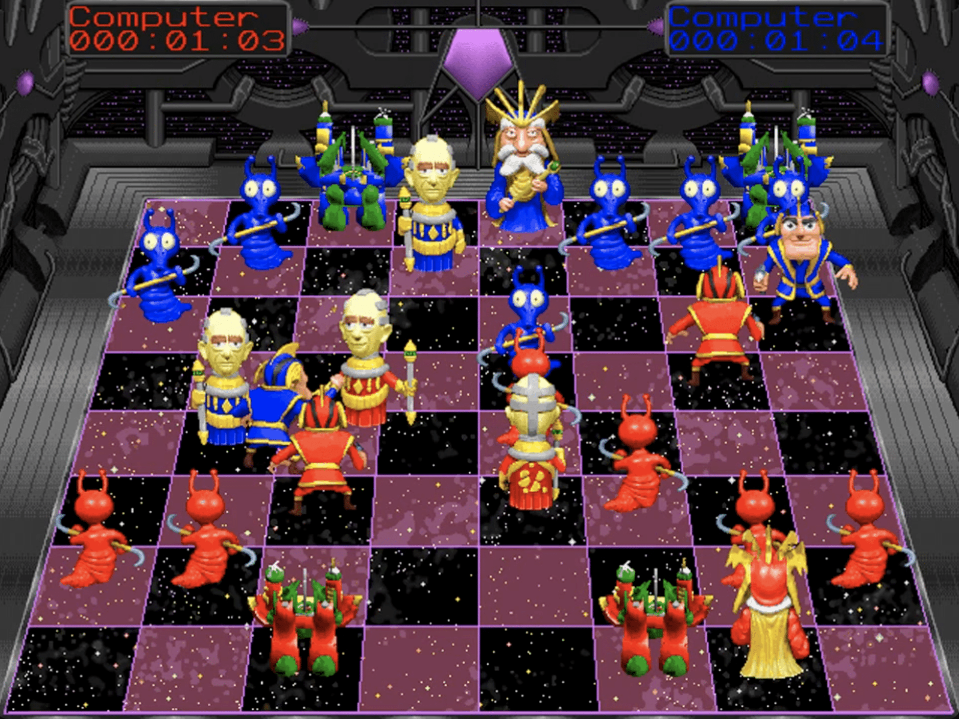 Skjermbilde fra Battle Chess 4000 med et fargerikt 3D-sjakkbrett, der brikkene er animerte figurer i blått og rødt – spillet viser en pågående kamp mellom «Computer» mot «Computer».