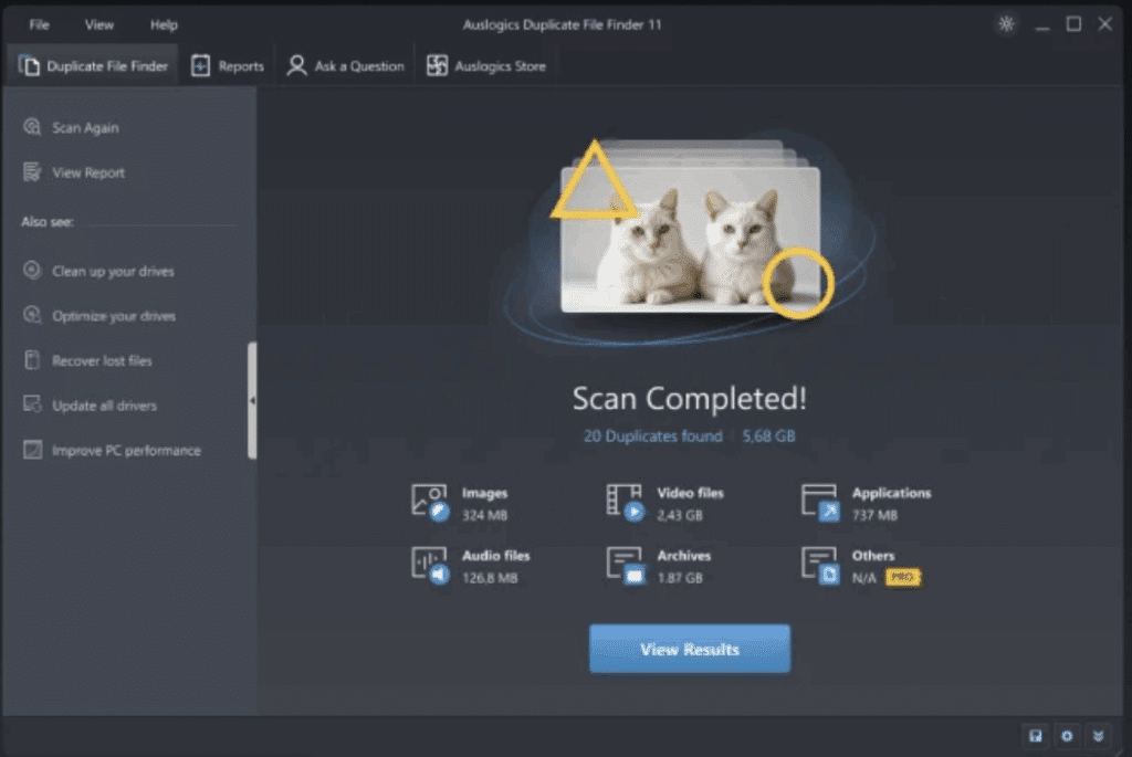 Auslogics Duplicate File Finder screenshot, der viser resultatet af en scanning efter dubletter.