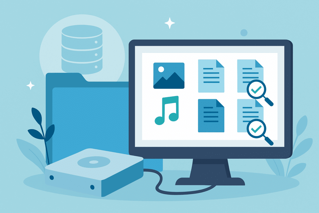 Illustration af en computerskærm med dublet-filer som billeder, musik og dokumenter, samt forstørrelsesglas og tjekmærker foran en blå mappe og harddisk.