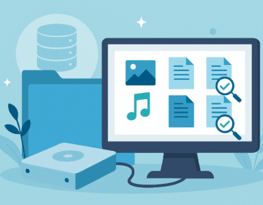 Illustration af en computerskærm med dublet-filer som billeder, musik og dokumenter, samt forstørrelsesglas og tjekmærker foran en blå mappe og harddisk.