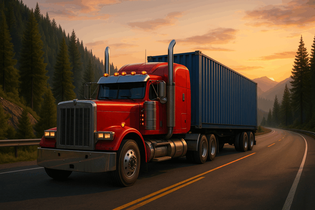 En stor rød lastbil med blå container kører ad en snoet landevej omgivet af fyrretræer og bjerge i solnedgangens varme lys.