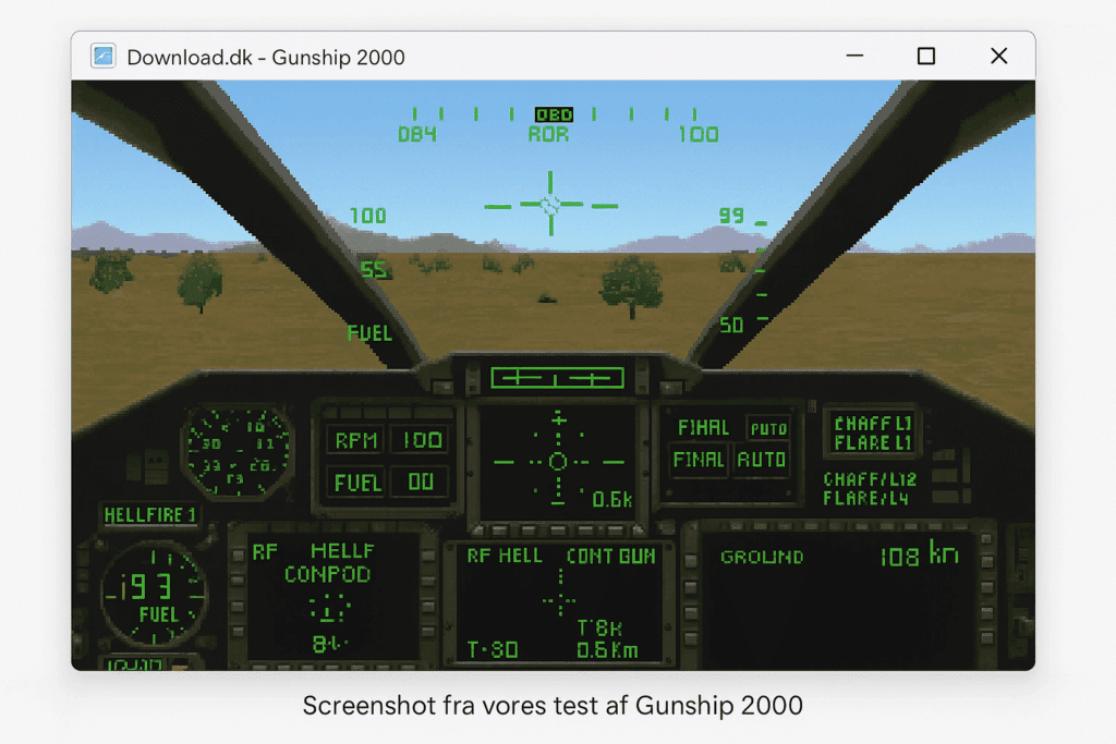 Førstepersonsvisning fra cockpittet i helikoptersimulatoren Gunship 2000 med klassisk 1990’er-grafik. Instrumenter og radar vises foran et ørkenlignende landskab, som set på en Windows 11 PC under test.