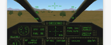 Førstepersonsvisning fra cockpittet i helikoptersimulatoren Gunship 2000 med klassisk 1990’er-grafik. Instrumenter og radar vises foran et ørkenlignende landskab, som set på en Windows 11 PC under test.