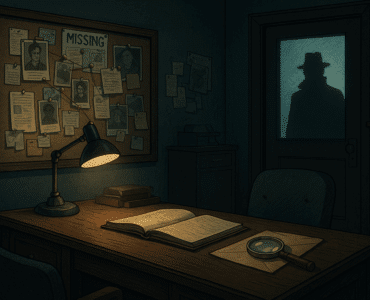 Illustration af et mørkt detektivkontor med en opslagstavle fyldt med billeder og spor, en åben notesbog og forstørrelsesglas på et skrivebord, mens en skyggefuld person står i døråbningen bag matteret glas.