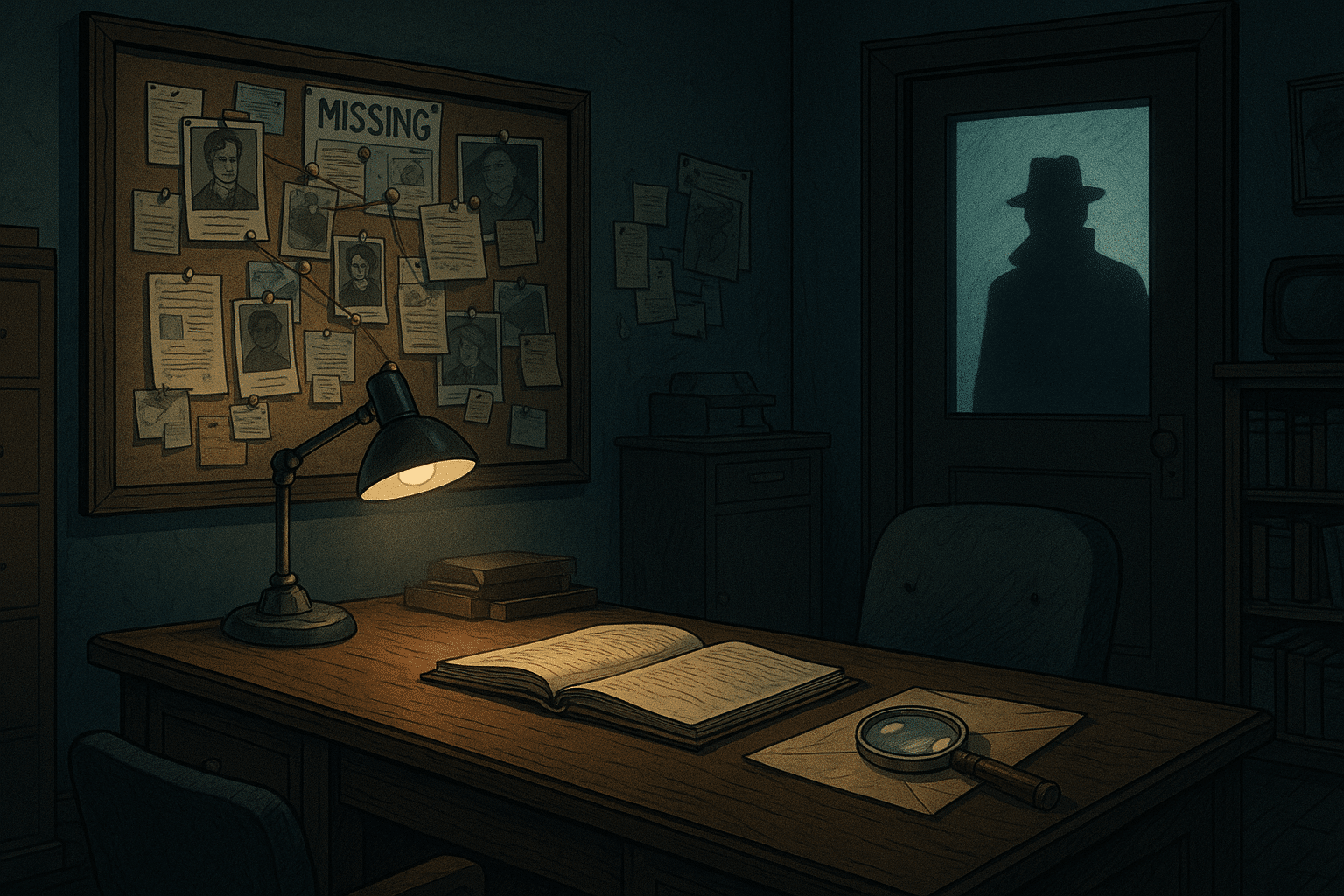 Illustrasjon av et mørkt detektivkontor med en oppslagstavle fylt med bilder og spor, en åpen notatbok og et forstørrelsesglass på et skrivebord, mens en skyggefull person står i døråpningen bak frostet glass.