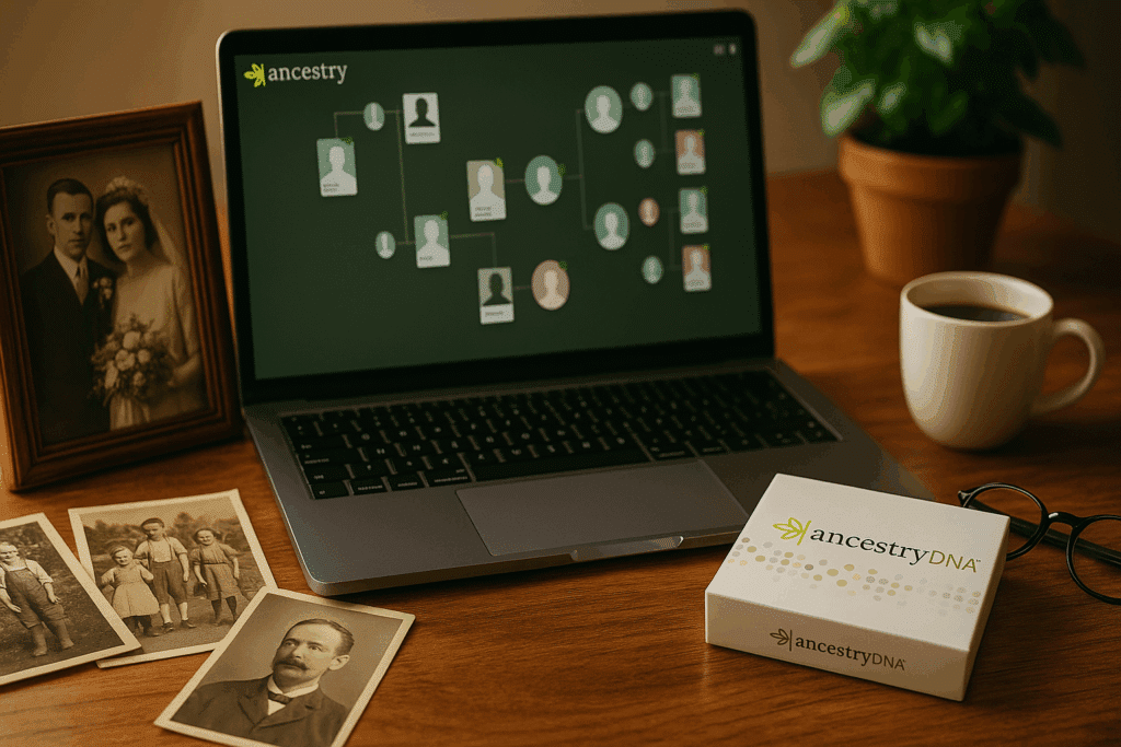 Laptop med Ancestry-stamtræ på skærmen, omgivet af gamle familiefotos, en AncestryDNA-testboks, kaffekop og briller – hyggelig slægtsforskningsscene i varme farver.